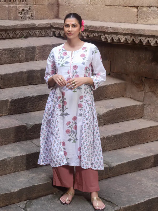 Chitrang – White Floral Printed Kurta Set with Mauve Pants