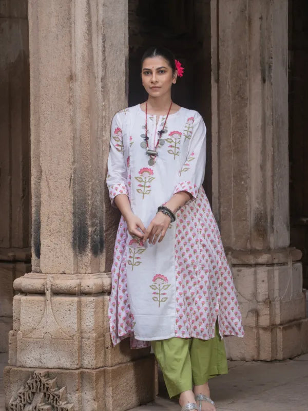 Chitrang – White Floral Printed Kurta Set with Olive Green Pants