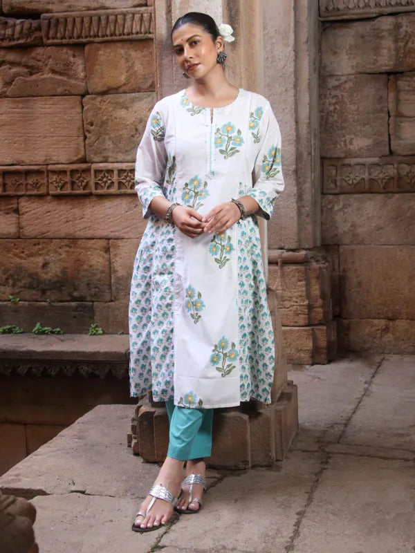 Chitrang – White Floral Printed Kurta Set with Teal Pants