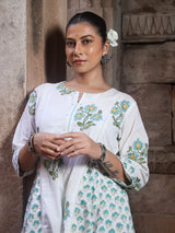 Chitrang – White Floral Printed Kurta Set with Teal Pants