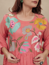 Coral Floral Embroidered Mul Chanderi Kurta Set