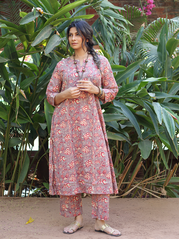 Dusty Mauve and Warm Red Hand Block Co-ord Set