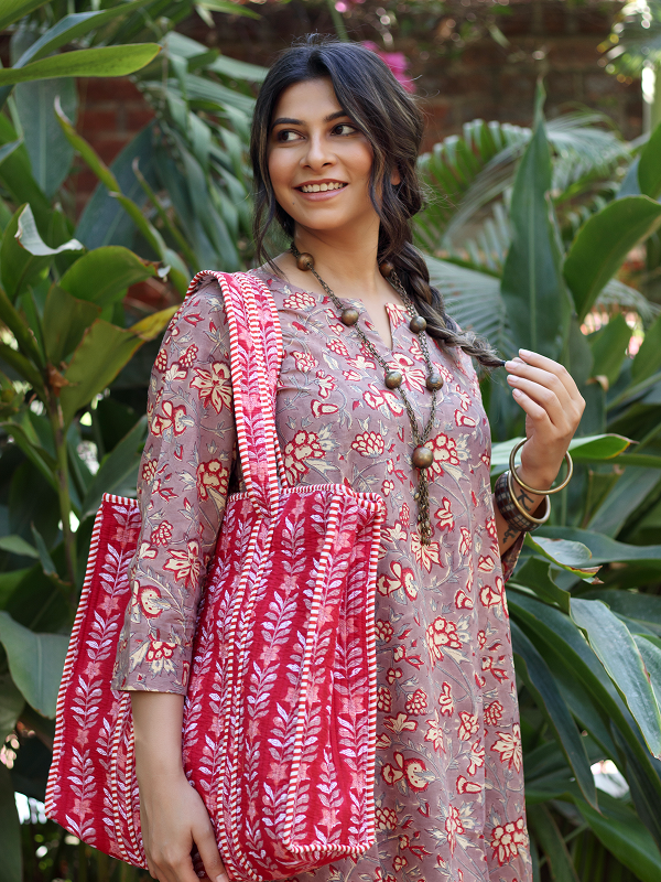 Dusty Mauve and Warm Red Hand Block Co-ord Set