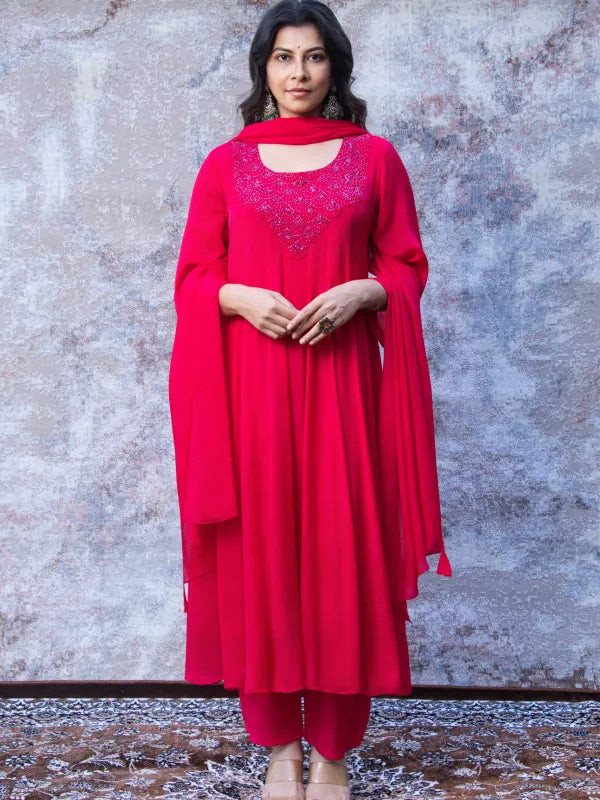 RUBY RED FESTIVE SILK ANARKALI SET