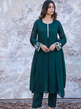 EMERALD GREEN KHAT WORK A-LINE KURTA SET WITH PANT & DUPATTA