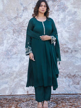 EMERALD GREEN KHAT WORK A-LINE KURTA SET WITH PANT & DUPATTA