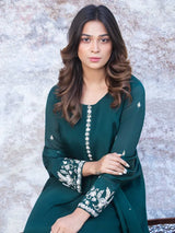 EMERALD GREEN KHAT WORK A-LINE KURTA SET WITH PANT & DUPATTA