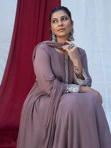 MAUVE ELEGANCE – CHINNON SILK ANARKALI SUIT SET WITH PANT & DUPATTA