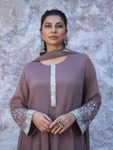 MAUVE ELEGANCE – CHINNON SILK ANARKALI SUIT SET WITH PANT & DUPATTA