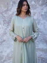 SAGE GREEN MIRROR EMBELLISHED CHINNON SILK A-LINE KURTA SET WITH PANTS & DUPATTA