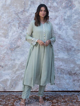 SAGE GREEN MIRROR EMBELLISHED CHINNON SILK A-LINE KURTA SET WITH PANTS & DUPATTA