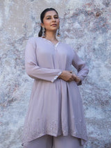 LAVENDER GREY EMBELLISHED CHINNON SILK KURTA SET