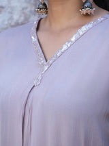 LAVENDER GREY EMBELLISHED CHINNON SILK KURTA SET