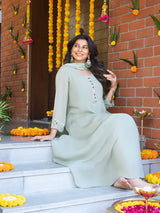 SAGE MIST – CHINNON SILK ANARKALI SUIT WITH MIRROR WORK