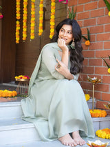 SAGE MIST – CHINNON SILK ANARKALI SUIT WITH MIRROR WORK