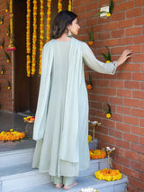 SAGE MIST – CHINNON SILK ANARKALI SUIT WITH MIRROR WORK