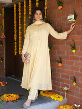 BUTTERCREAM YELLOW CHINNON SILK EMBROIDERED ANARKALI SUIT SET WITH PANT & DUPATTA