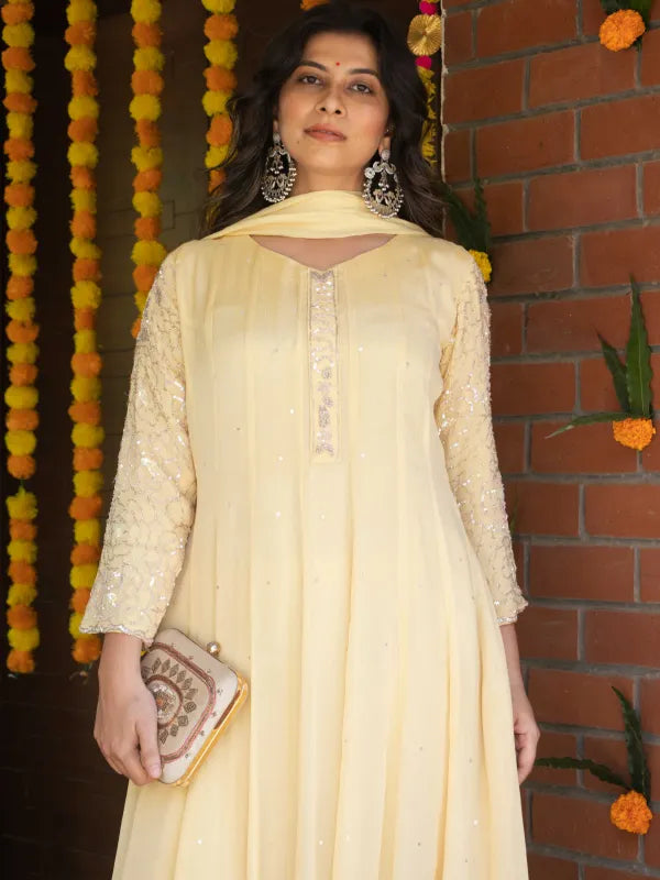 BUTTERCREAM YELLOW CHINNON SILK EMBROIDERED ANARKALI SUIT SET WITH PANT & DUPATTA
