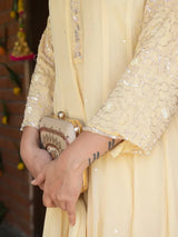 BUTTERCREAM YELLOW CHINNON SILK EMBROIDERED ANARKALI SUIT SET WITH PANT & DUPATTA