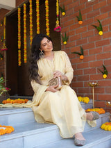 BUTTERCREAM YELLOW CHINNON SILK EMBROIDERED ANARKALI SUIT SET WITH PANT & DUPATTA
