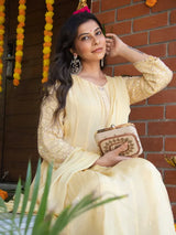 BUTTERCREAM YELLOW CHINNON SILK EMBROIDERED ANARKALI SUIT SET WITH PANT & DUPATTA