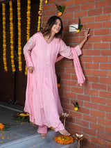 ROSE BLUSH – CHINNON SILK ANARKALI SUIT SET WITH PANT & DUPATTA