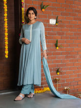 BLUE MIST – CHINNON SILK ANARKALI SUIT SET WITH PANT & DUPATTA