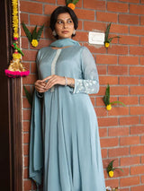 BLUE MIST – CHINNON SILK ANARKALI SUIT SET WITH PANT & DUPATTA