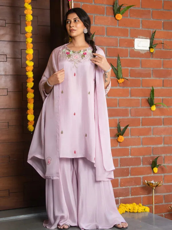 BLUSH BLOOM – DOLA SILK EMBROIDERED STRAIGHT SUIT SET WITH PALAZZO & ORGANZA DUPATTA
