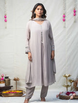 SILVER GREY MIRROR EMBELLISHED A-LINE KURTA SET WITH PANT & DUPATTA