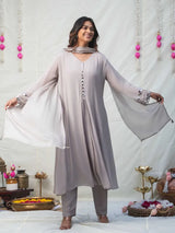 SILVER GREY MIRROR EMBELLISHED A-LINE KURTA SET WITH PANT & DUPATTA