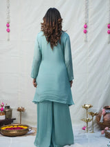 AAROHA – AQUA MINT EMBROIDERED CHINNON SILK KURTA SET