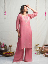 ROSE PINK PEARL EMBELLISHED DOLA SILK KURTA SET