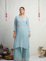 SKY BLUE PEARL EMBELLISHED ORGANZA KURTA SET
