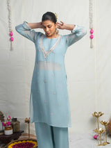 SKY BLUE PEARL EMBELLISHED ORGANZA KURTA SET