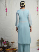 SKY BLUE PEARL EMBELLISHED ORGANZA KURTA SET