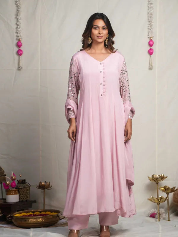 ROSE QUARTZ – PURE CHINNON SILK EMBROIDERED ANARKALI SUIT SET WITH PANT & DUPATTA