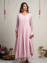 ROSE QUARTZ – PURE CHINNON SILK EMBROIDERED ANARKALI SUIT SET WITH PANT & DUPATTA