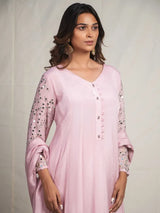 ROSE QUARTZ – PURE CHINNON SILK EMBROIDERED ANARKALI SUIT SET WITH PANT & DUPATTA