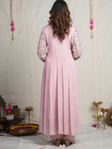 ROSE QUARTZ – PURE CHINNON SILK EMBROIDERED ANARKALI SUIT SET WITH PANT & DUPATTA