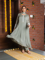 OLIVE GRACE – CHINNON SILK ANARKALI SUIT WITH PANT & DUPATTA