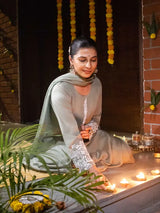 OLIVE GRACE – CHINNON SILK ANARKALI SUIT WITH PANT & DUPATTA