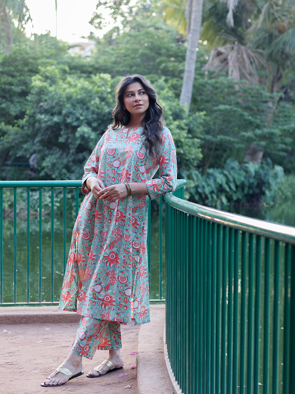 Green and Orange Hand Block Co-ord Set