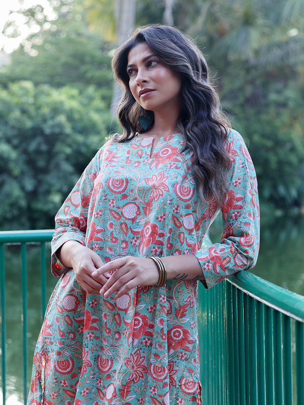 Green and Orange Hand Block Co-ord Set