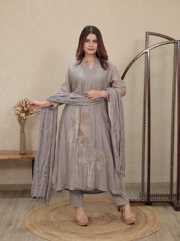 Grey Embroidered Mul Chanderi Kurta Set