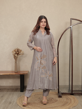 Grey Embroidered Mul Chanderi Kurta Set