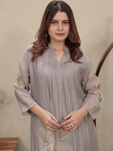Grey Embroidered Mul Chanderi Kurta Set