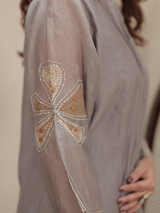 Grey Embroidered Mul Chanderi Kurta Set