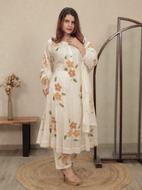 Ivory Floral Embroidered Mul Chanderi Kurta Set