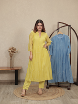 Lemon Yellow Embroidered Mul Chanderi Kurta Set